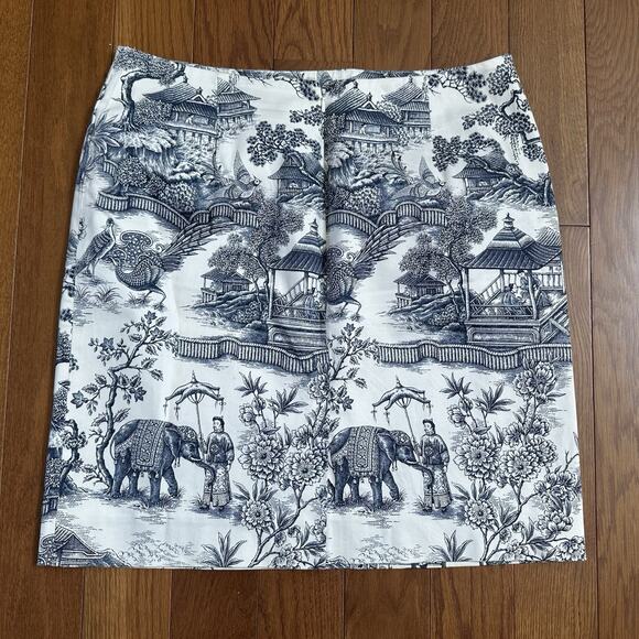 VTG Ralph Lauren Skirt White & Blue Asian Garden Toile Elephant Print size 12 - Picture 3 of 4